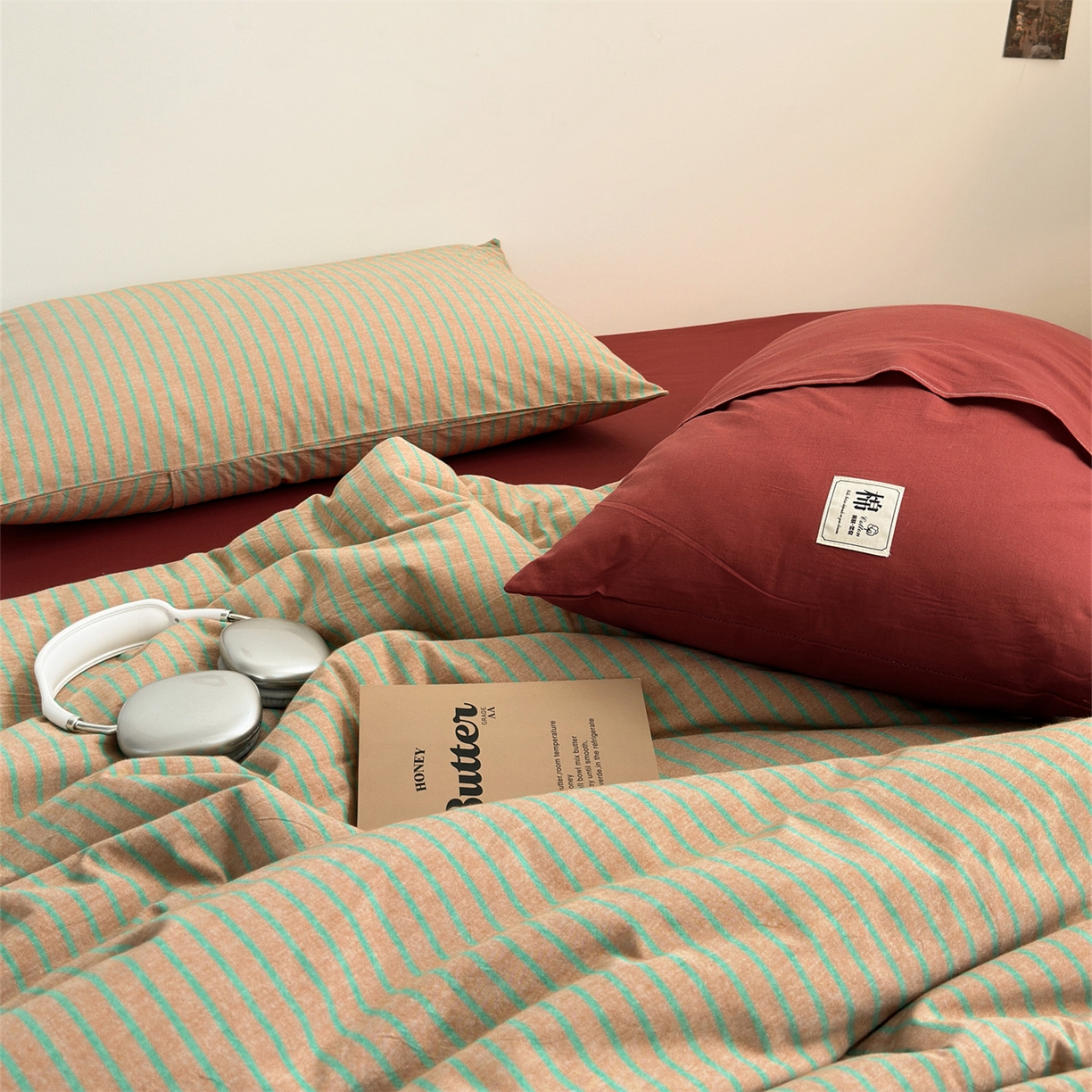 91家纺网 家纺一手货源 找家纺 被窝家纺 2026新款莫兰迪条纹水洗棉懒人被被子被芯 莫兰迪条纹-桔