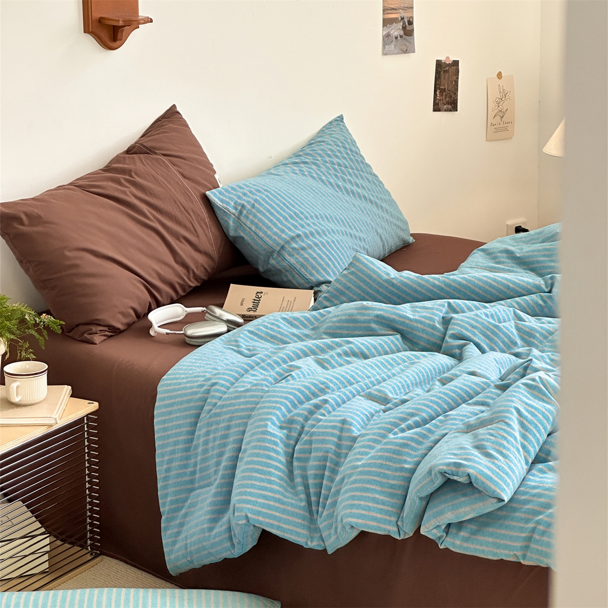 91家纺网 家纺一手货源 找家纺 被窝家纺 2026新款莫兰迪条纹水洗棉懒人被被子被芯 莫兰迪条纹-蓝