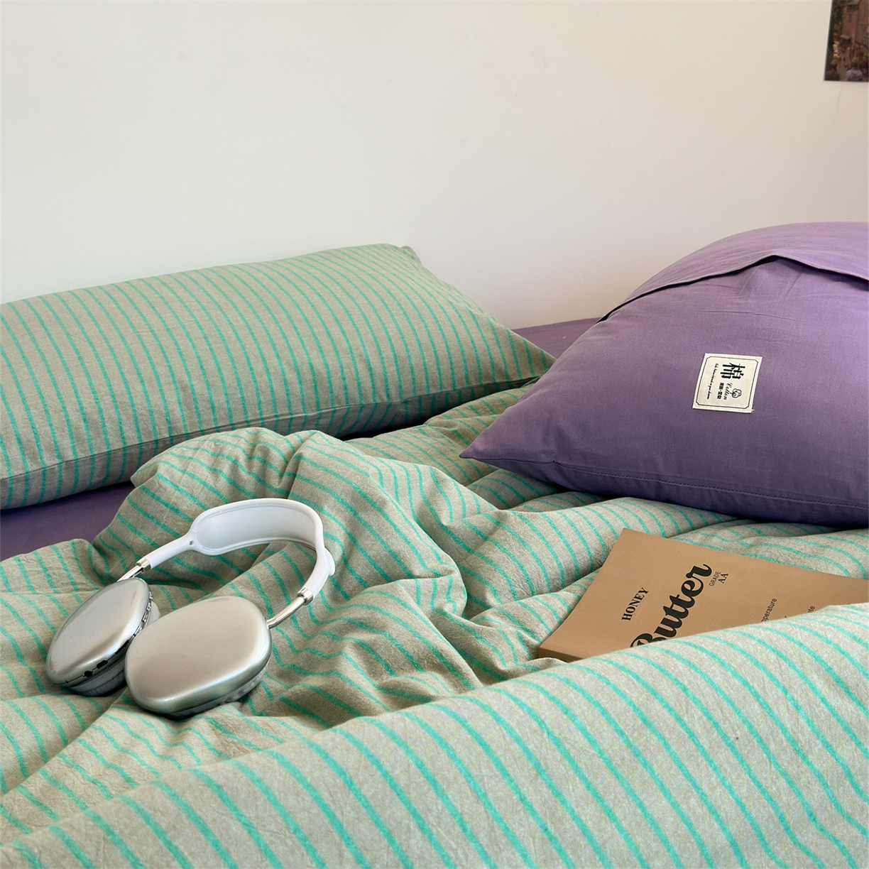 91家纺网 家纺一手货源 找家纺 被窝家纺 2026新款莫兰迪条纹水洗棉懒人被被子被芯 莫兰迪条纹-绿