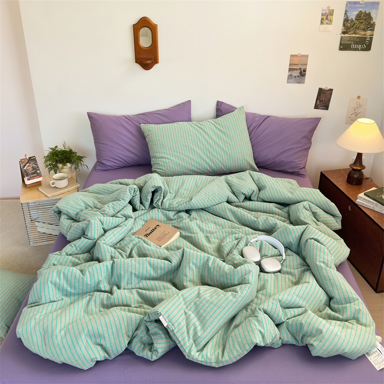 91家纺网 家纺一手货源 找家纺 被窝家纺 2026新款莫兰迪条纹水洗棉懒人被被子被芯 莫兰迪条纹-绿