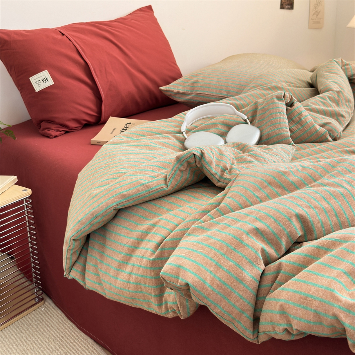 91家纺网 家纺一手货源 找家纺 被窝家纺 2026新款莫兰迪条纹水洗棉懒人被被子被芯 莫兰迪条纹-桔