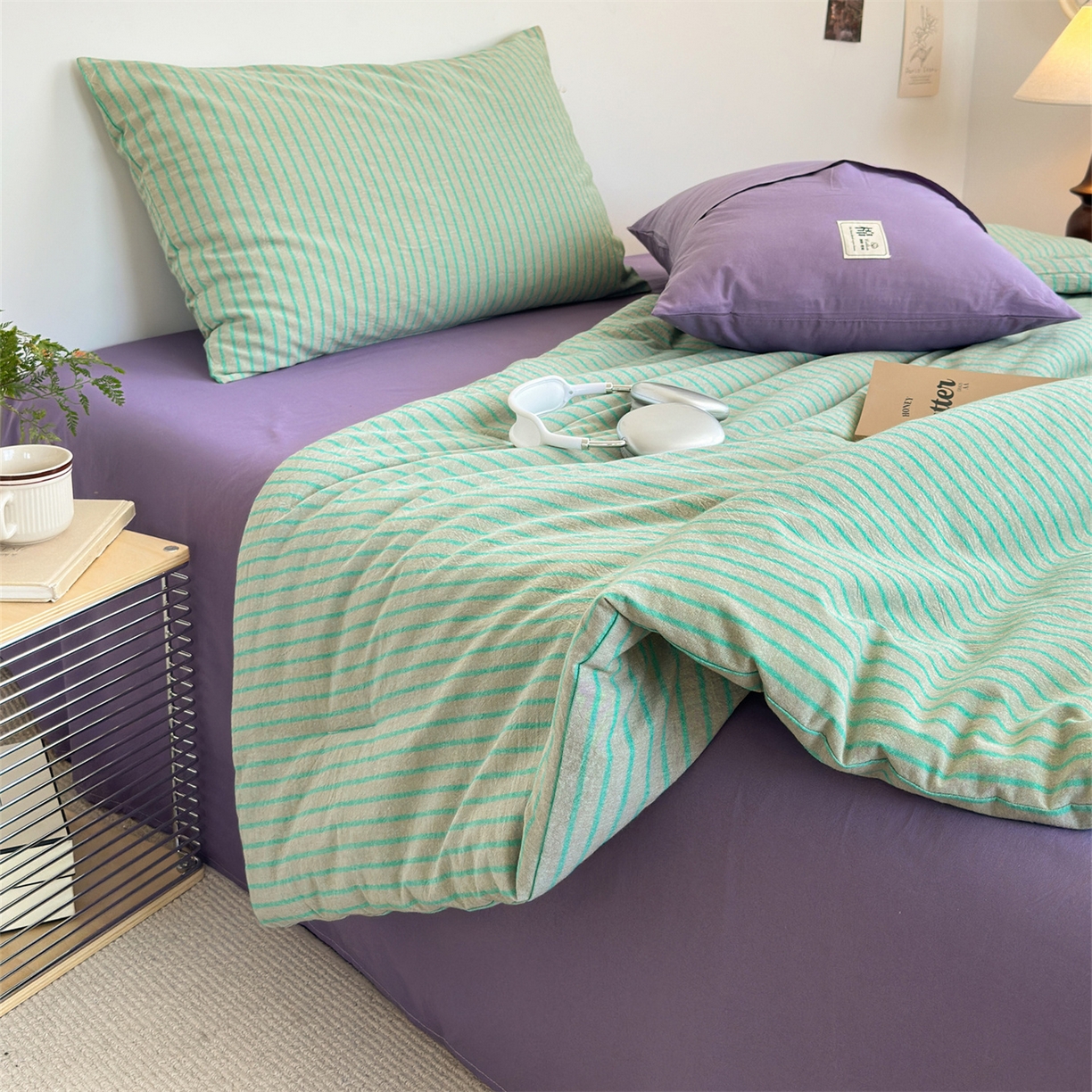 91家纺网 家纺一手货源 找家纺 被窝家纺 2026新款莫兰迪条纹水洗棉懒人被被子被芯 莫兰迪条纹-绿