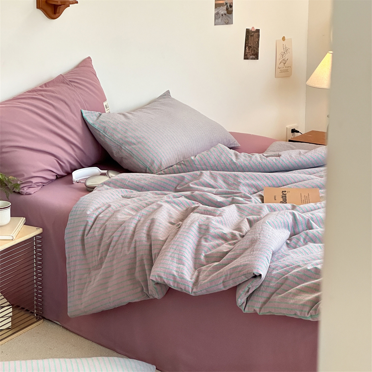 91家纺网 家纺一手货源 找家纺 被窝家纺 2026新款莫兰迪条纹水洗棉懒人被被子被芯 莫兰迪条纹-粉