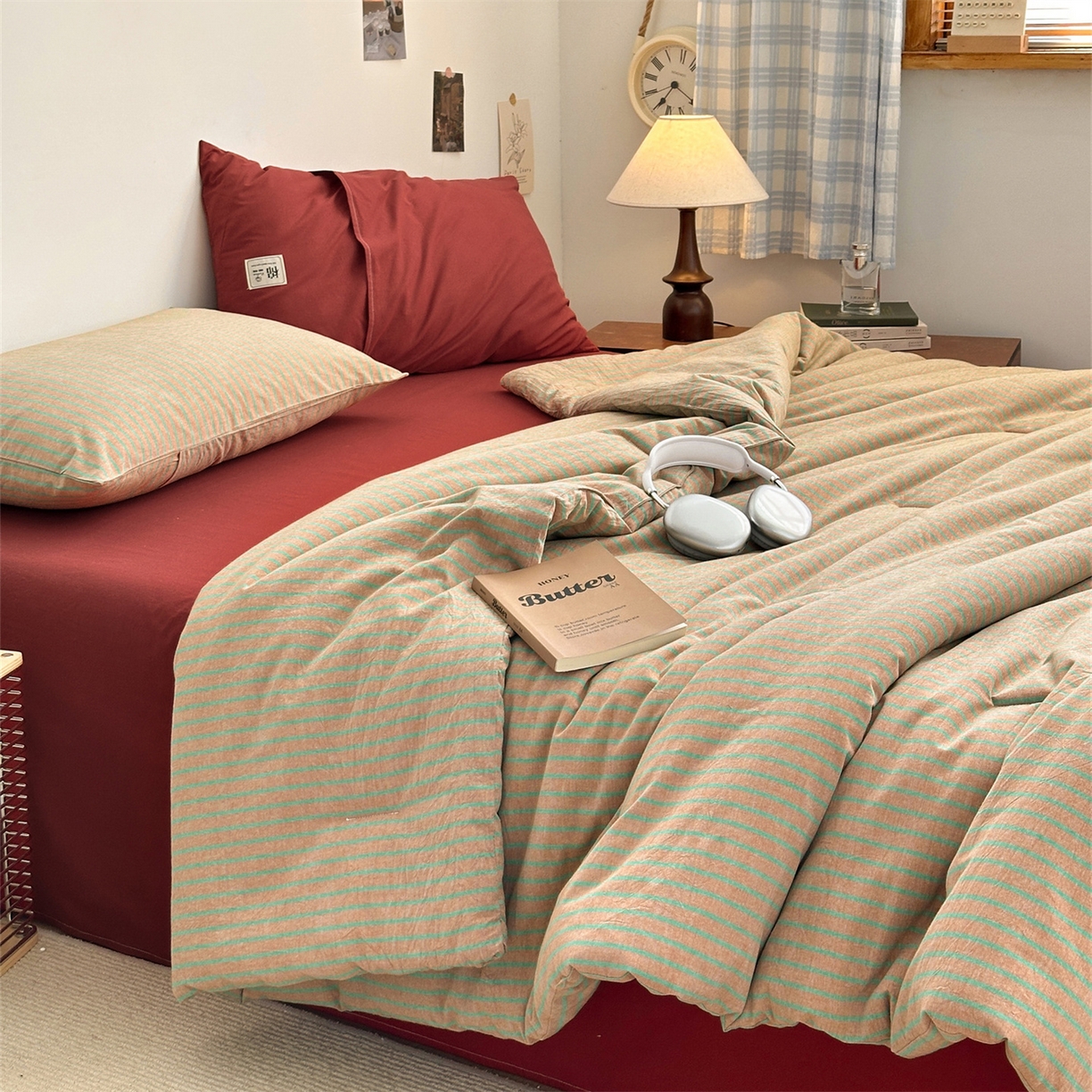 91家纺网 家纺一手货源 找家纺 被窝家纺 2026新款莫兰迪条纹水洗棉懒人被被子被芯 莫兰迪条纹-桔