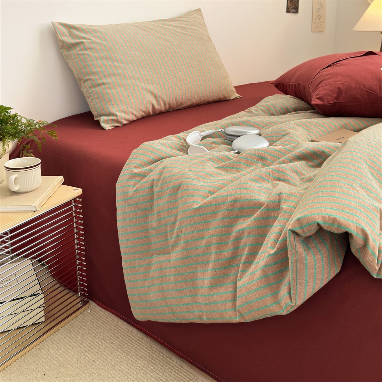 91家纺网 家纺一手货源 找家纺 被窝家纺 2026新款莫兰迪条纹水洗棉懒人被被子被芯 莫兰迪条纹-桔