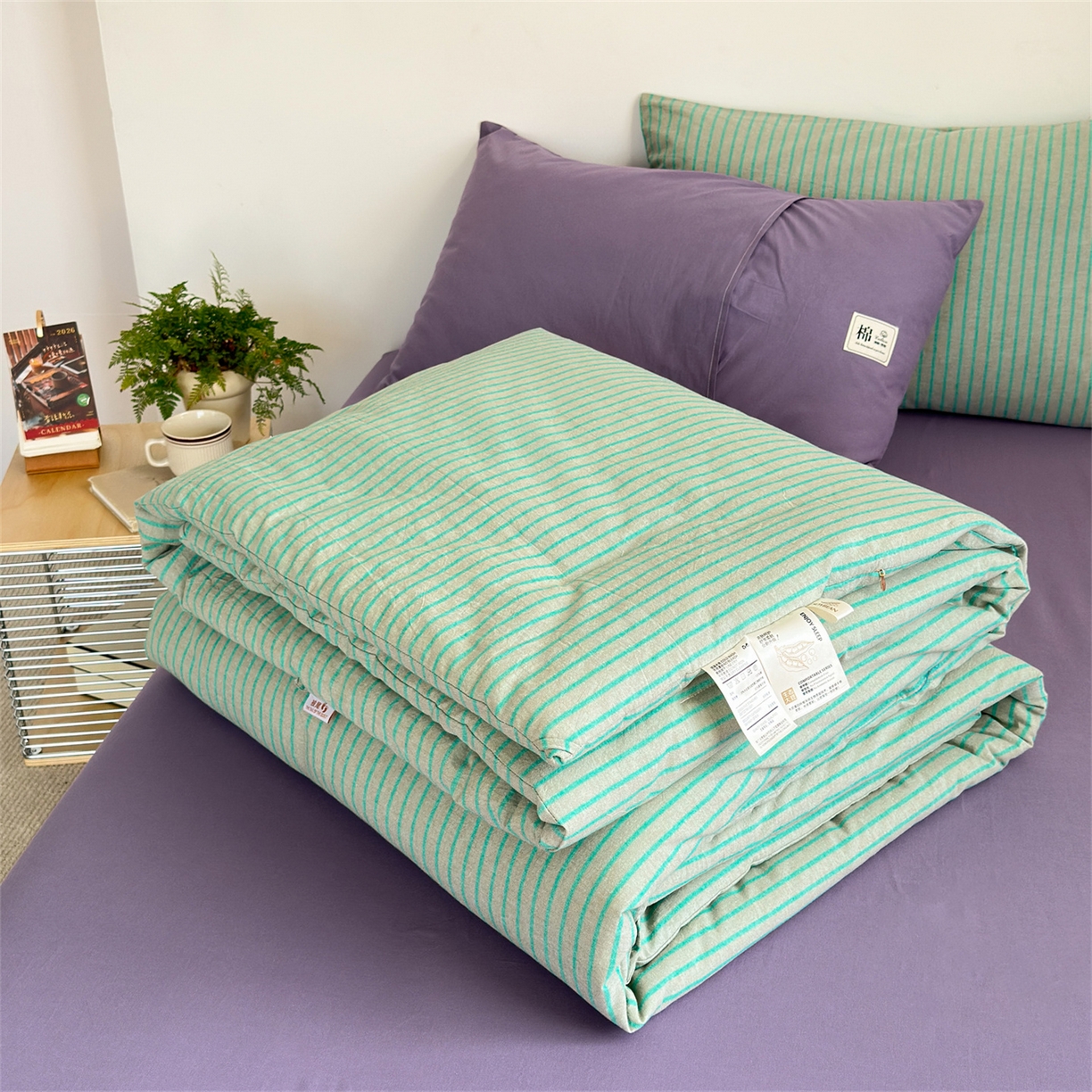 被窝家纺 2026新款莫兰迪条纹水洗棉懒人被被子被芯 莫兰迪条纹-绿