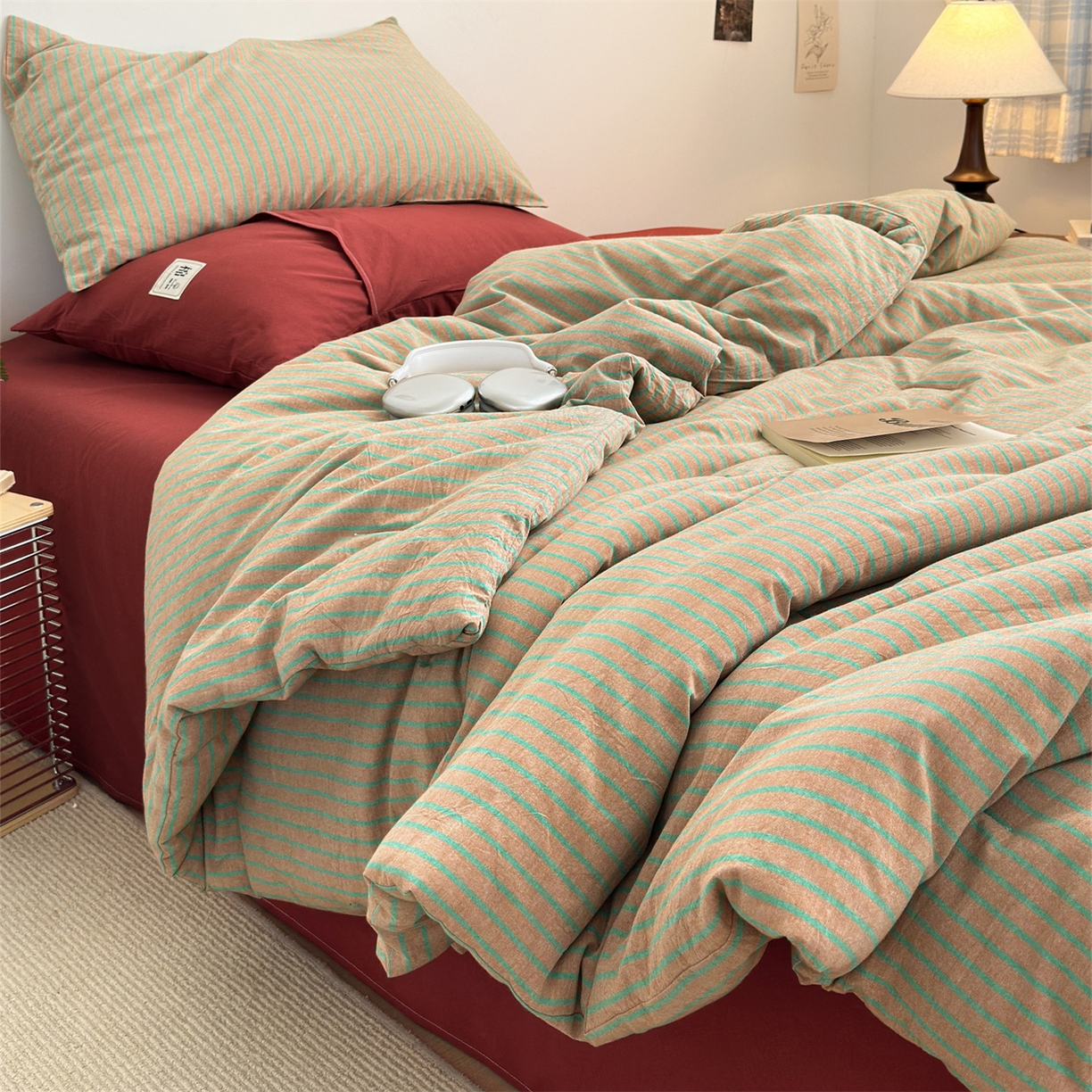 91家纺网 家纺一手货源 找家纺 被窝家纺 2026新款莫兰迪条纹水洗棉懒人被被子被芯 莫兰迪条纹-桔