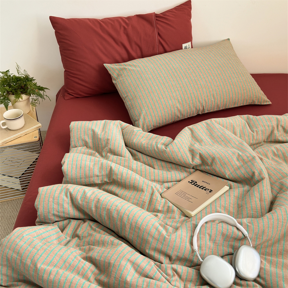 91家纺网 家纺一手货源 找家纺 被窝家纺 2026新款莫兰迪条纹水洗棉懒人被被子被芯 莫兰迪条纹-桔