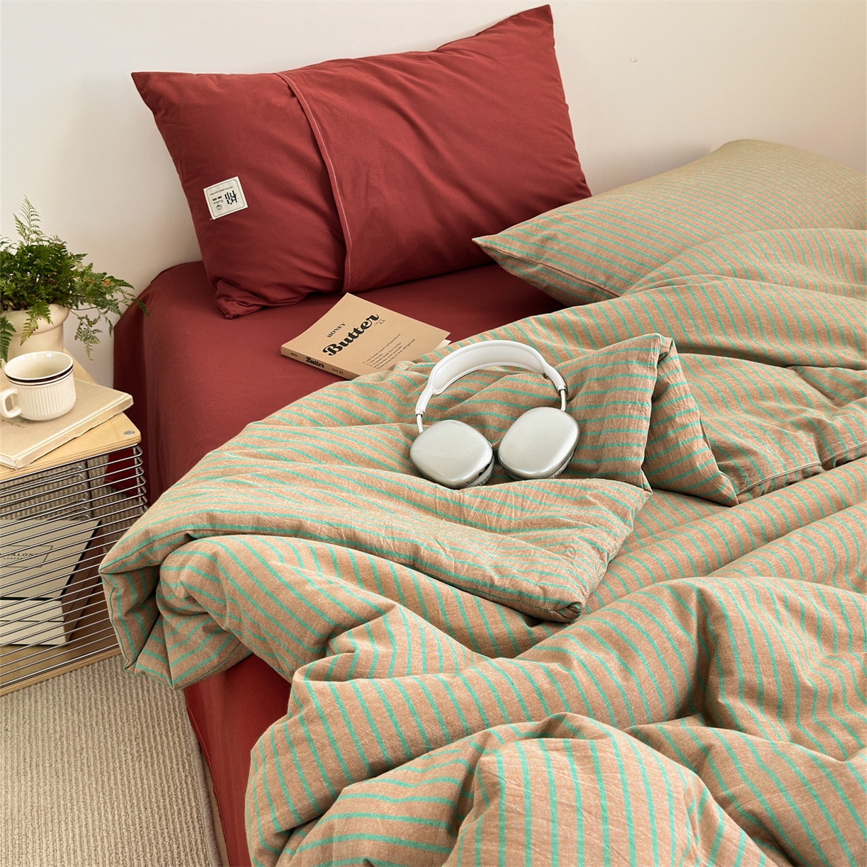 91家纺网 家纺一手货源 找家纺 被窝家纺 2026新款莫兰迪条纹水洗棉懒人被被子被芯 莫兰迪条纹-桔