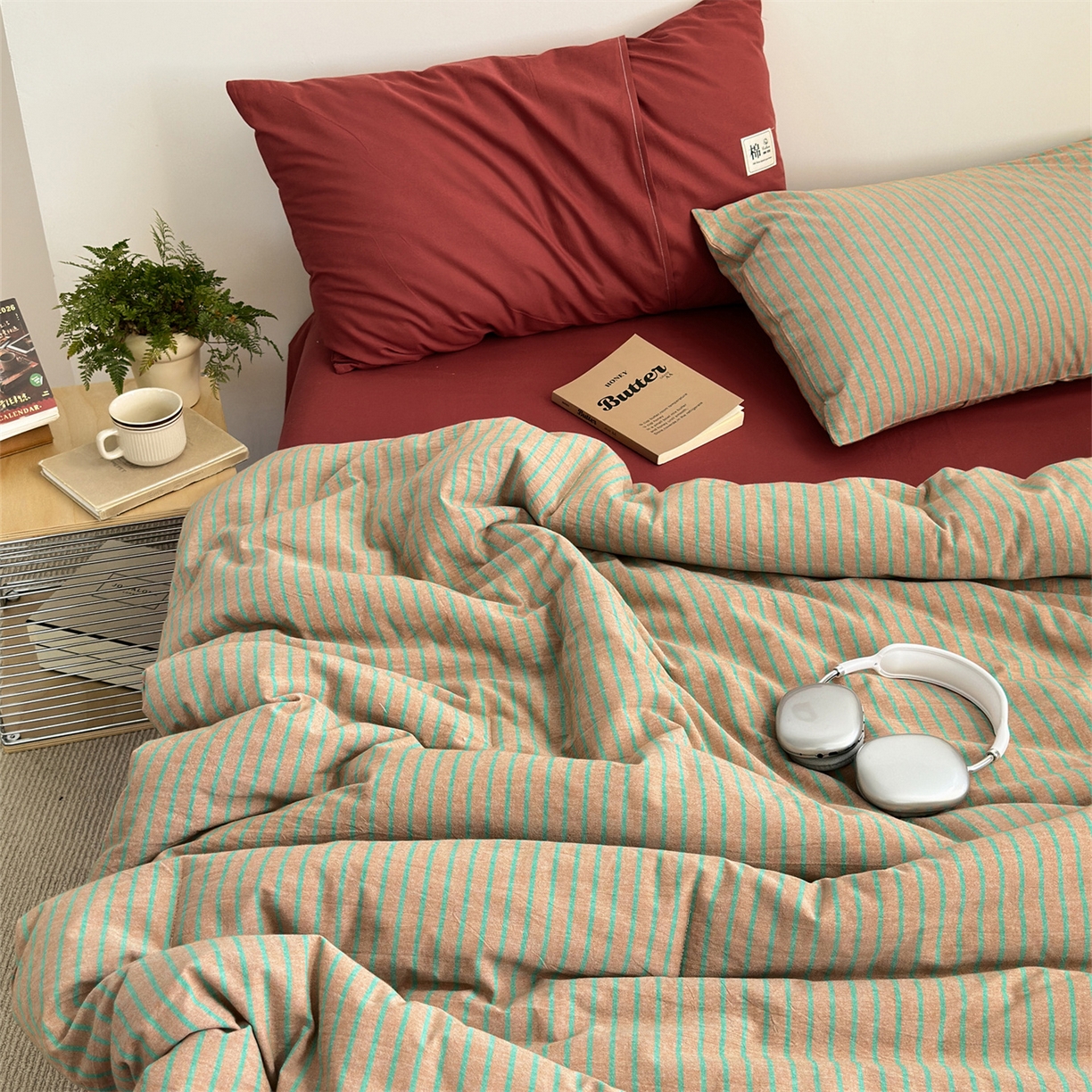 91家纺网 家纺一手货源 找家纺 被窝家纺 2026新款莫兰迪条纹水洗棉懒人被被子被芯 莫兰迪条纹-桔