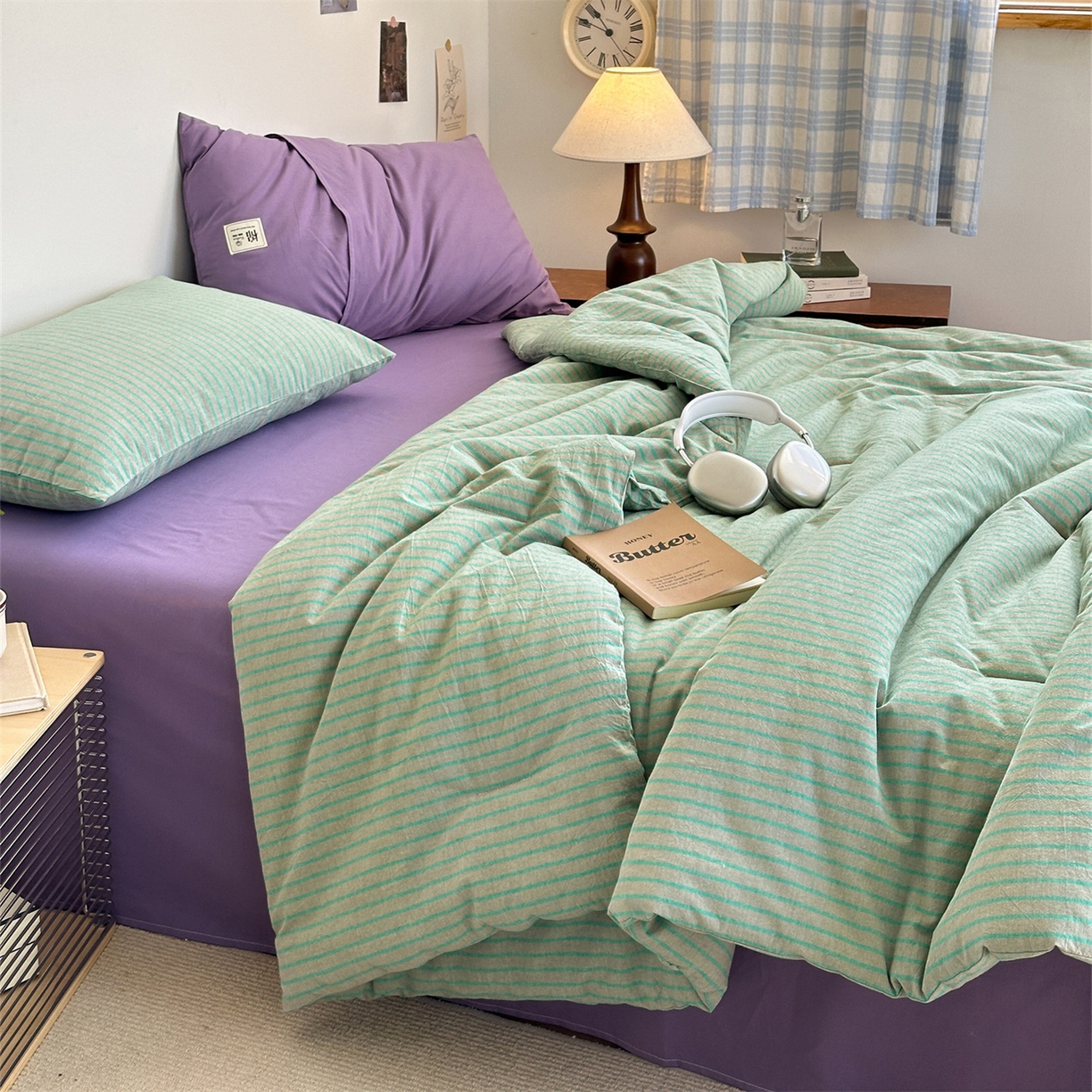 91家纺网 家纺一手货源 找家纺 被窝家纺 2026新款莫兰迪条纹水洗棉懒人被被子被芯 莫兰迪条纹-绿