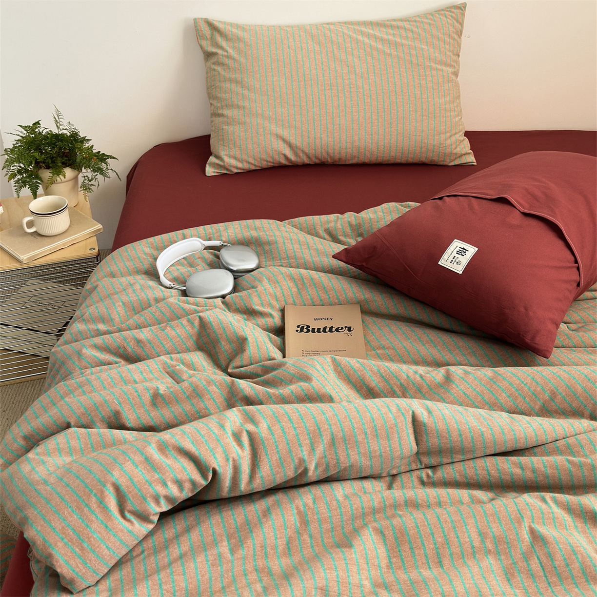 91家纺网 家纺一手货源 找家纺 被窝家纺 2026新款莫兰迪条纹水洗棉懒人被被子被芯 莫兰迪条纹-桔
