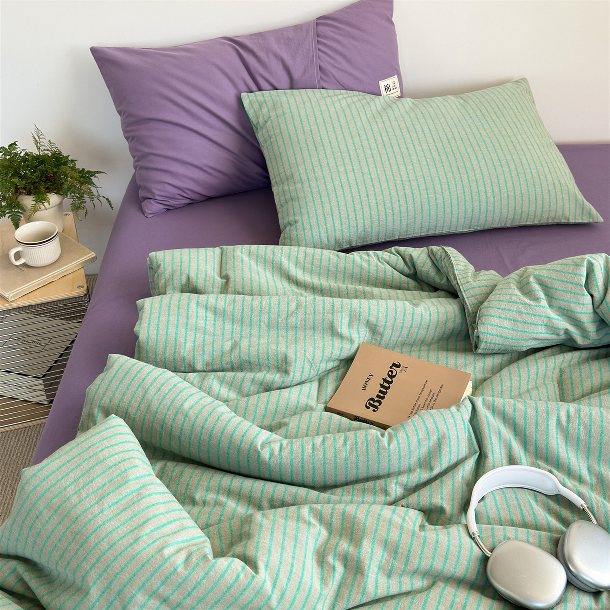 91家纺网 家纺一手货源 找家纺 被窝家纺 2026新款莫兰迪条纹水洗棉懒人被被子被芯 莫兰迪条纹-绿