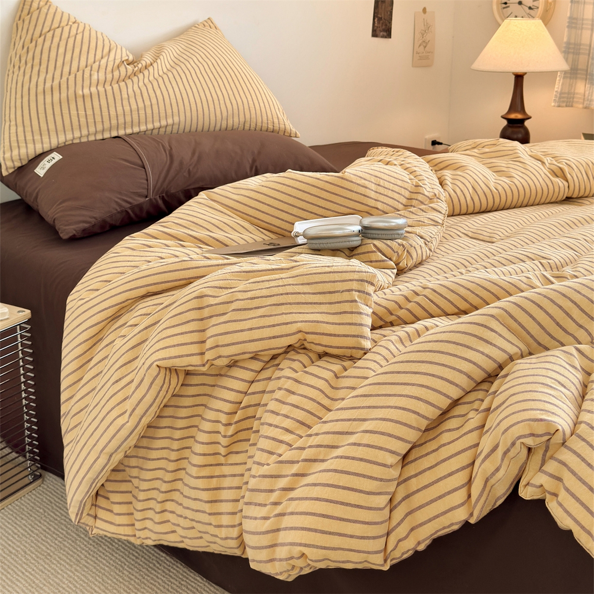91家纺网 家纺一手货源 找家纺 被窝家纺 2026新款莫兰迪条纹水洗棉懒人被被子被芯 莫兰迪条纹-黄