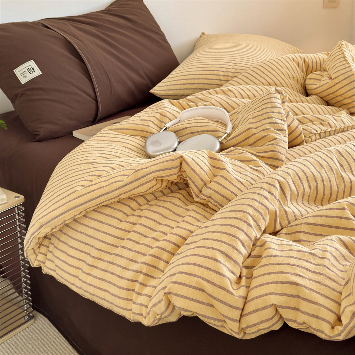 91家纺网 家纺一手货源 找家纺 被窝家纺 2026新款莫兰迪条纹水洗棉懒人被被子被芯 莫兰迪条纹-黄