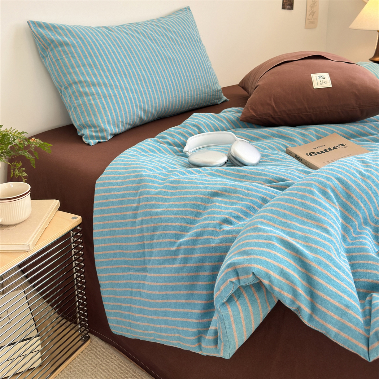 91家纺网 家纺一手货源 找家纺 被窝家纺 2026新款莫兰迪条纹水洗棉懒人被被子被芯 莫兰迪条纹-蓝