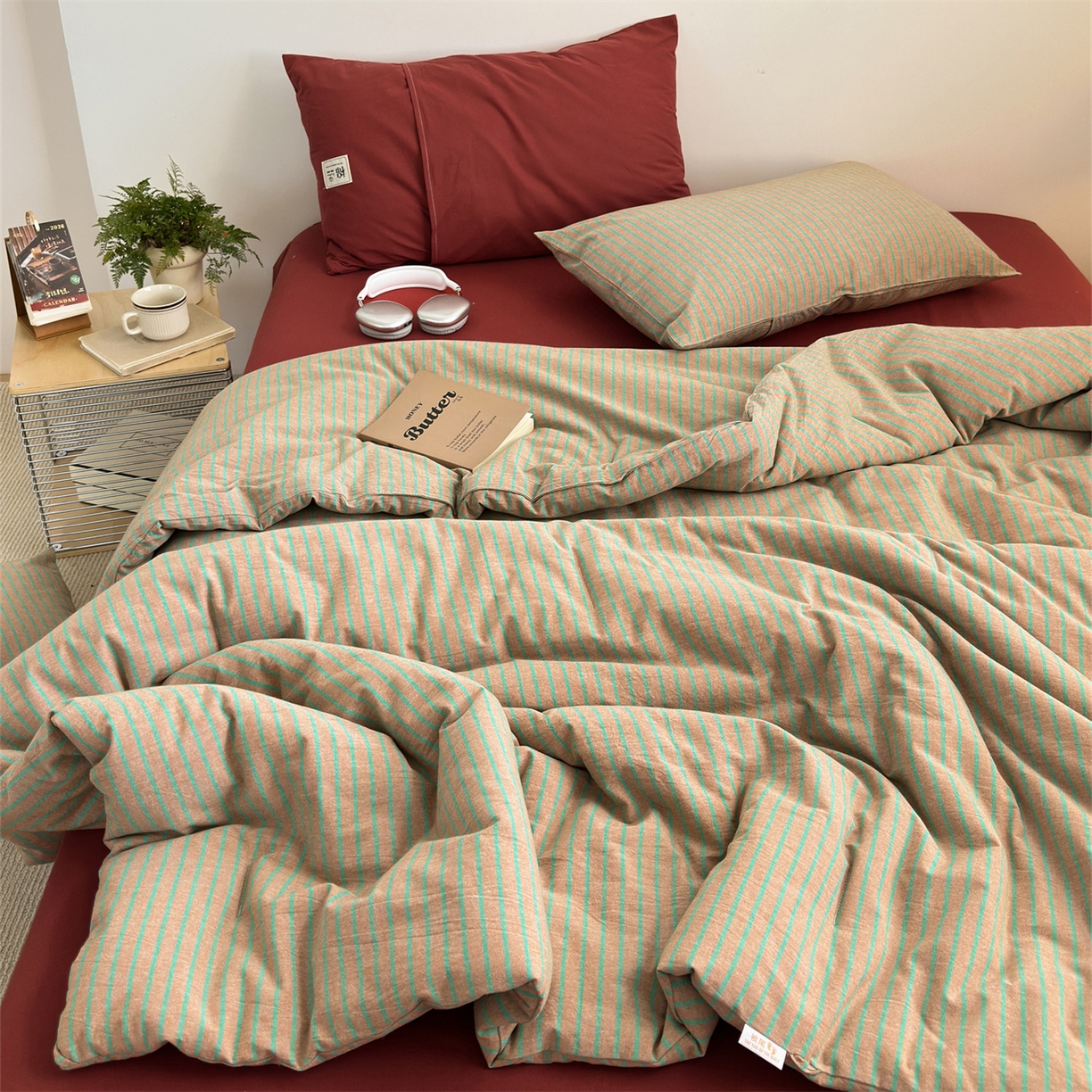 91家纺网 家纺一手货源 找家纺 被窝家纺 2026新款莫兰迪条纹水洗棉懒人被被子被芯 莫兰迪条纹-桔