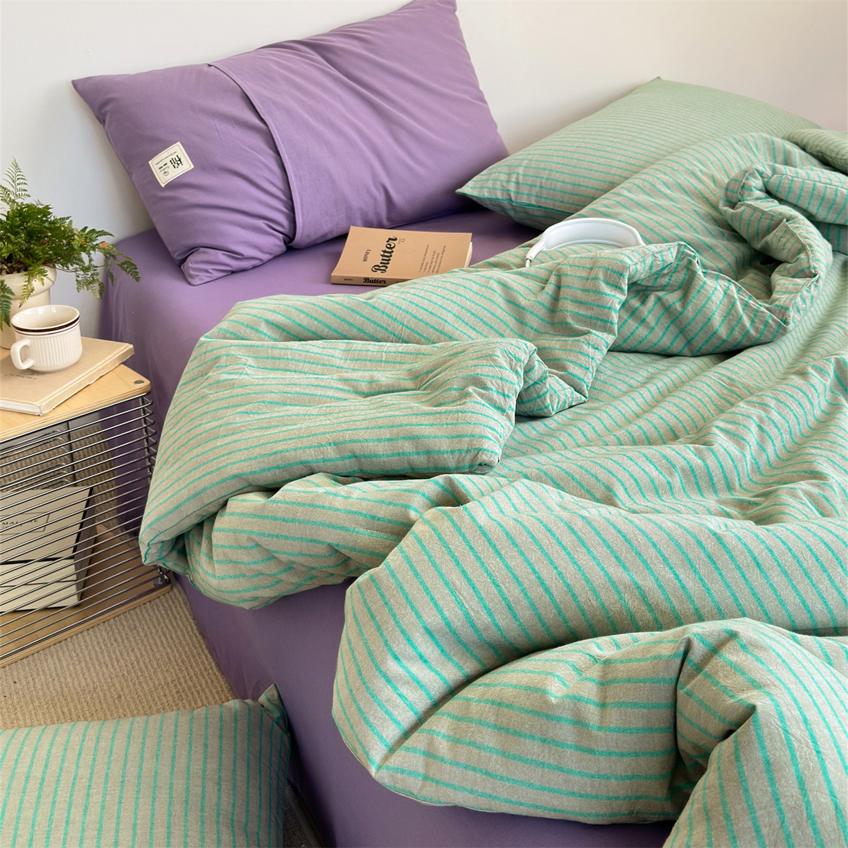 91家纺网 家纺一手货源 找家纺 被窝家纺 2026新款莫兰迪条纹水洗棉懒人被被子被芯 莫兰迪条纹-绿