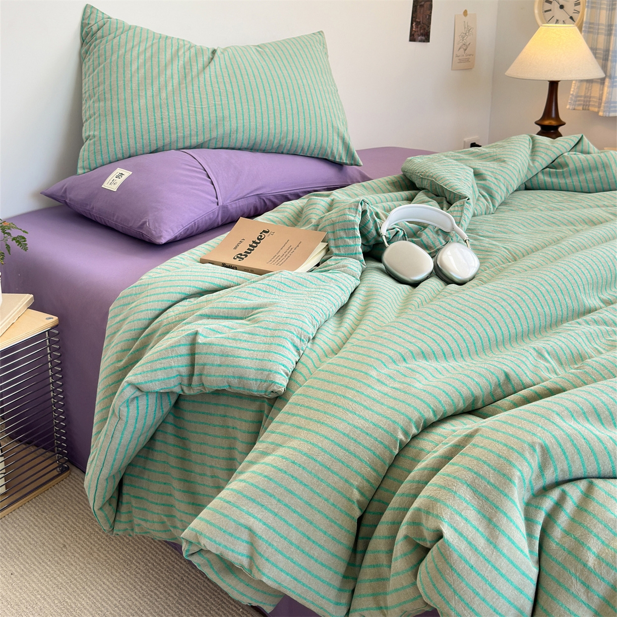 91家纺网 家纺一手货源 找家纺 被窝家纺 2026新款莫兰迪条纹水洗棉懒人被被子被芯 莫兰迪条纹-绿