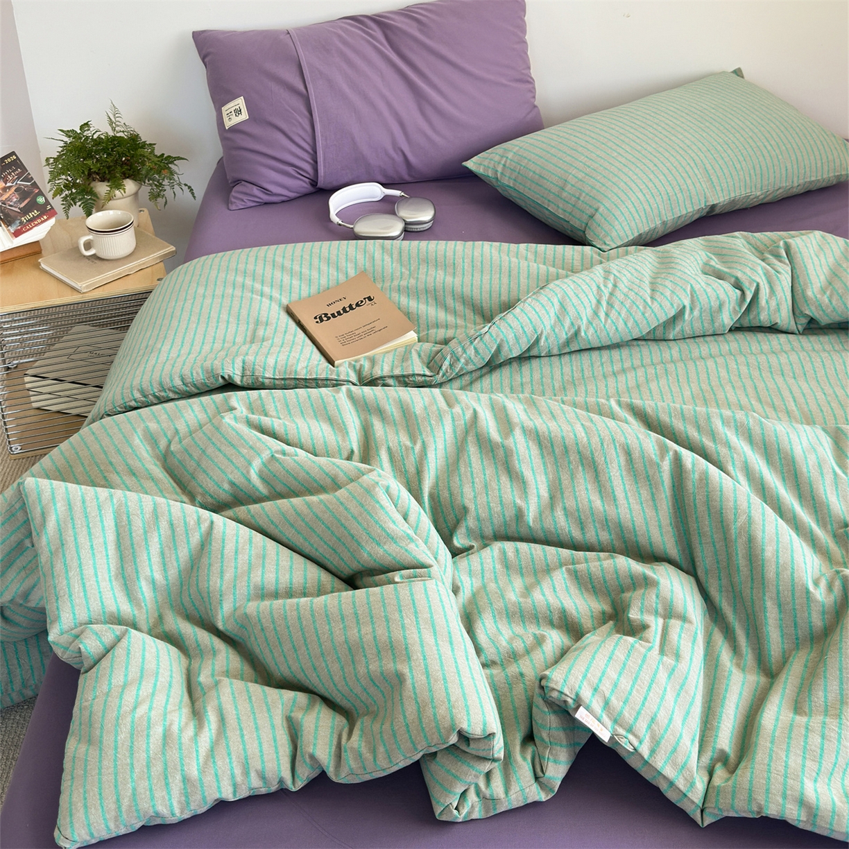 91家纺网 家纺一手货源 找家纺 被窝家纺 2026新款莫兰迪条纹水洗棉懒人被被子被芯 莫兰迪条纹-绿