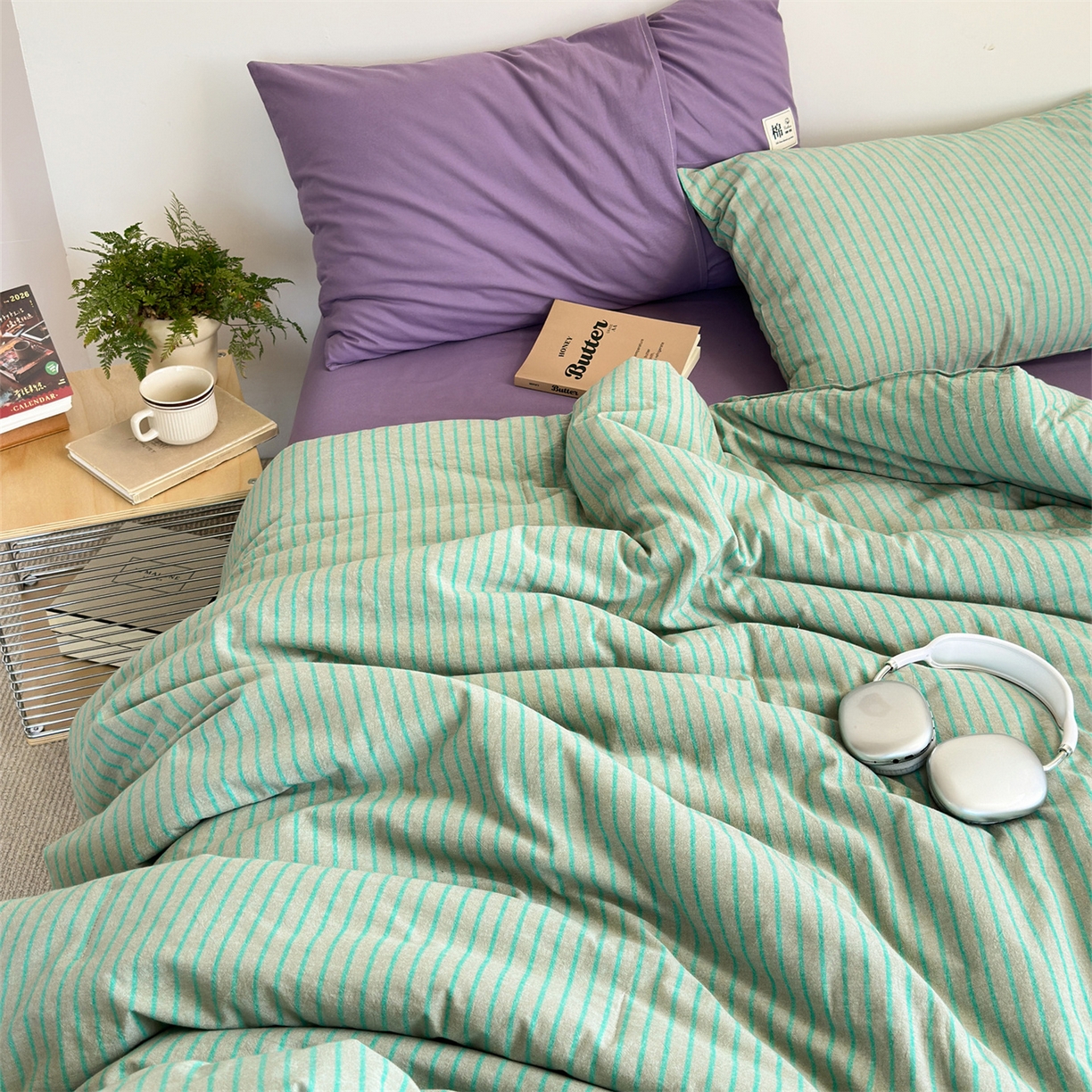 91家纺网 家纺一手货源 找家纺 被窝家纺 2026新款莫兰迪条纹水洗棉懒人被被子被芯 莫兰迪条纹-绿