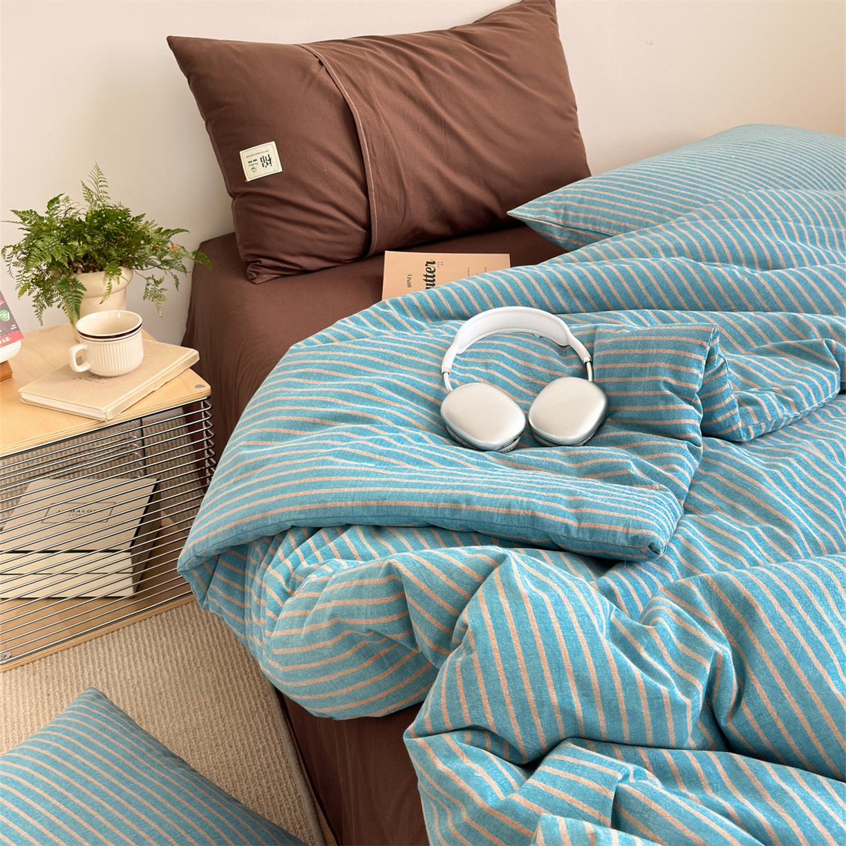 91家纺网 家纺一手货源 找家纺 被窝家纺 2026新款莫兰迪条纹水洗棉懒人被被子被芯 莫兰迪条纹-蓝