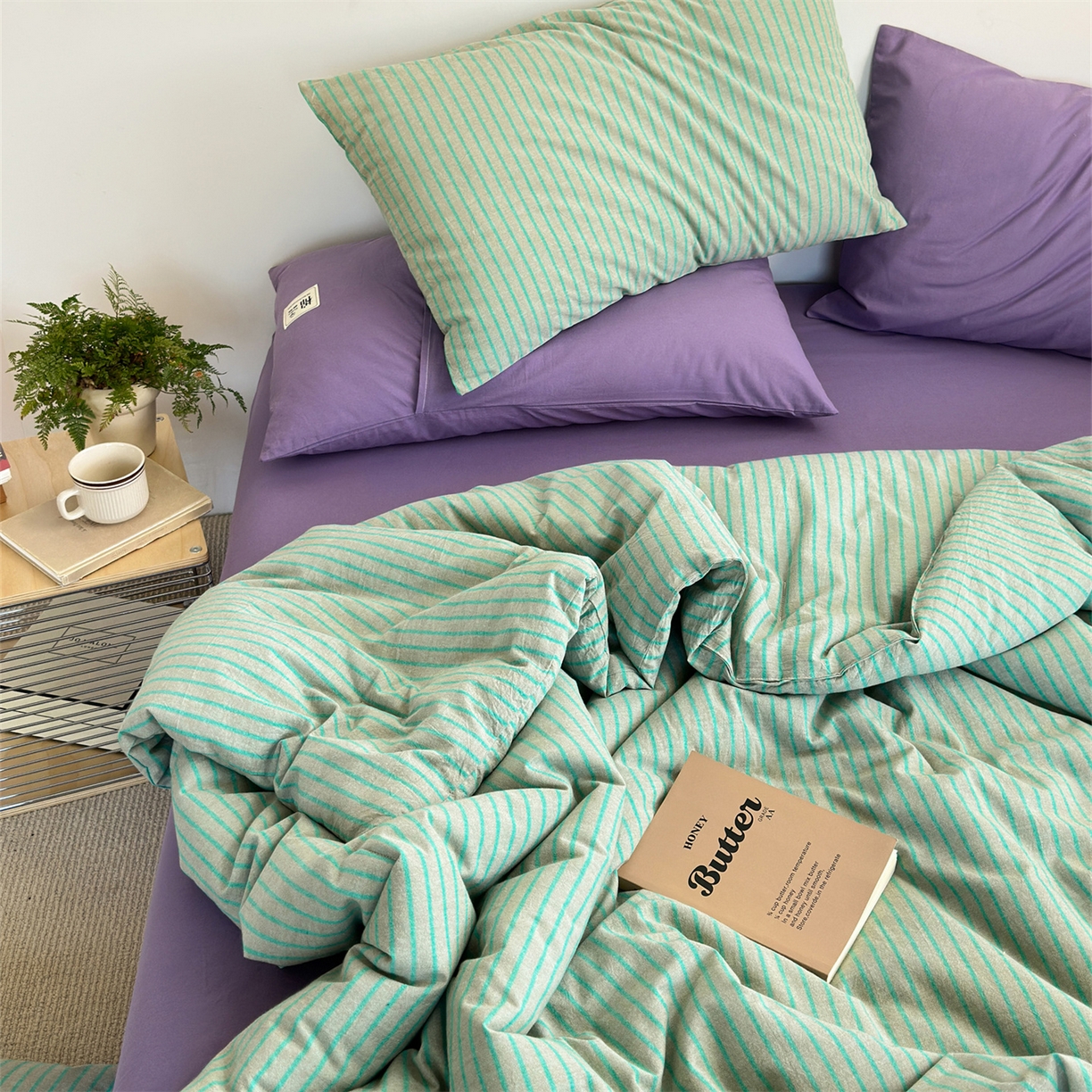 91家纺网 家纺一手货源 找家纺 被窝家纺 2026新款莫兰迪条纹水洗棉懒人被被子被芯 莫兰迪条纹-绿