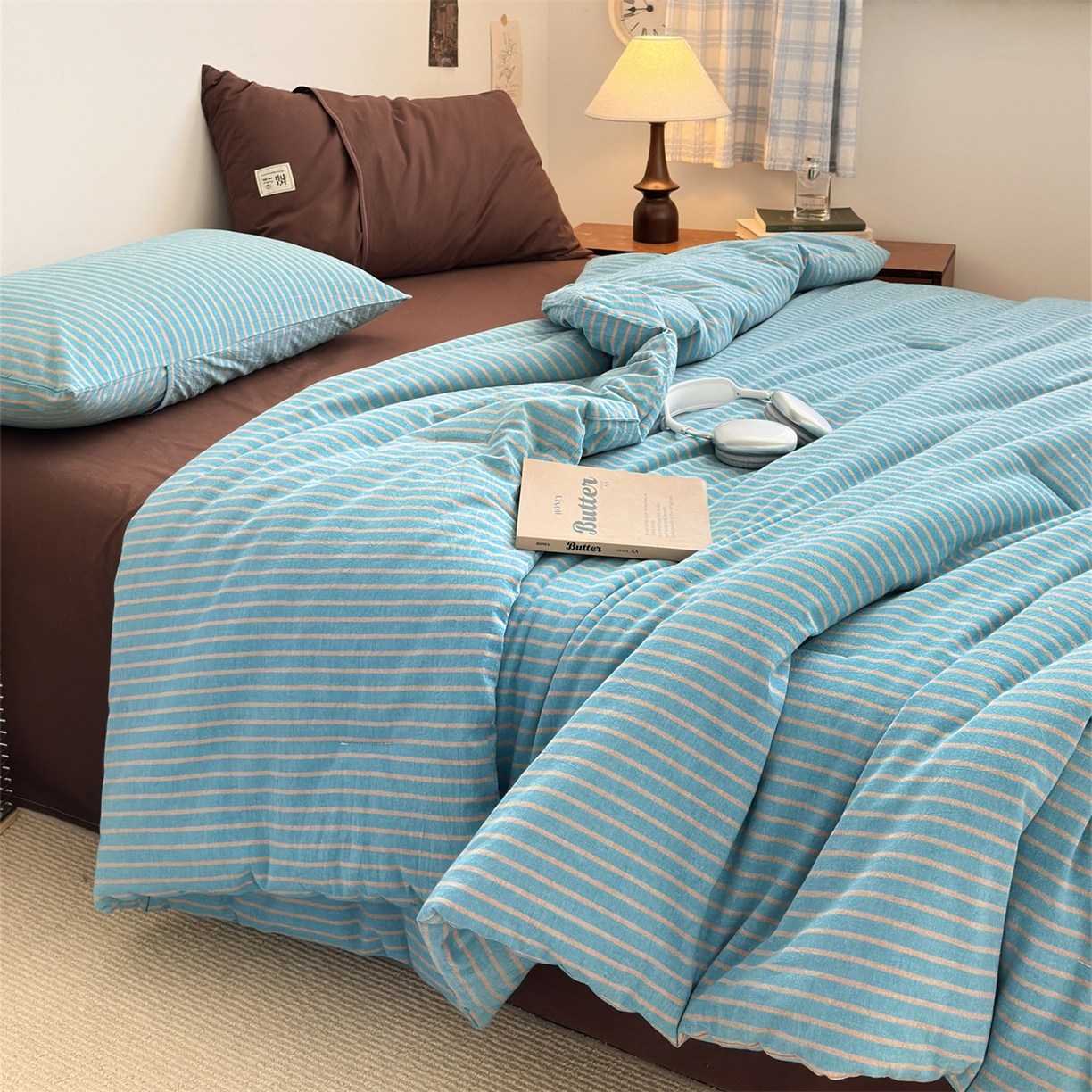 91家纺网 家纺一手货源 找家纺 被窝家纺 2026新款莫兰迪条纹水洗棉懒人被被子被芯 莫兰迪条纹-蓝