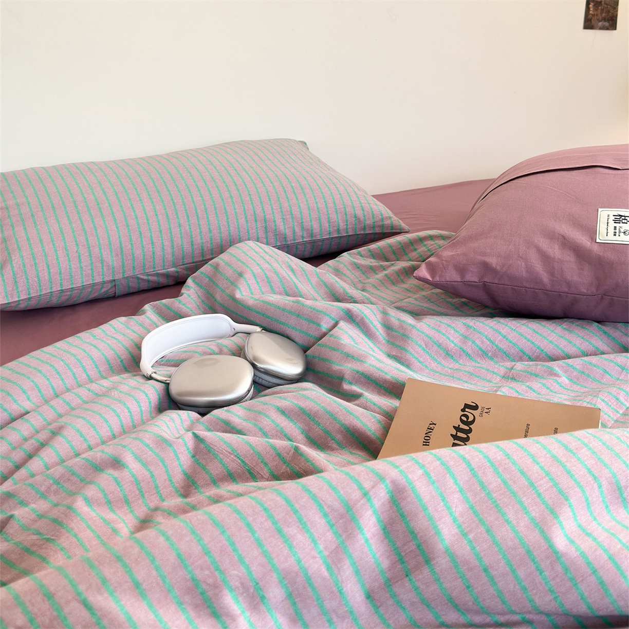 91家纺网 家纺一手货源 找家纺 被窝家纺 2026新款莫兰迪条纹水洗棉懒人被被子被芯 莫兰迪条纹-粉