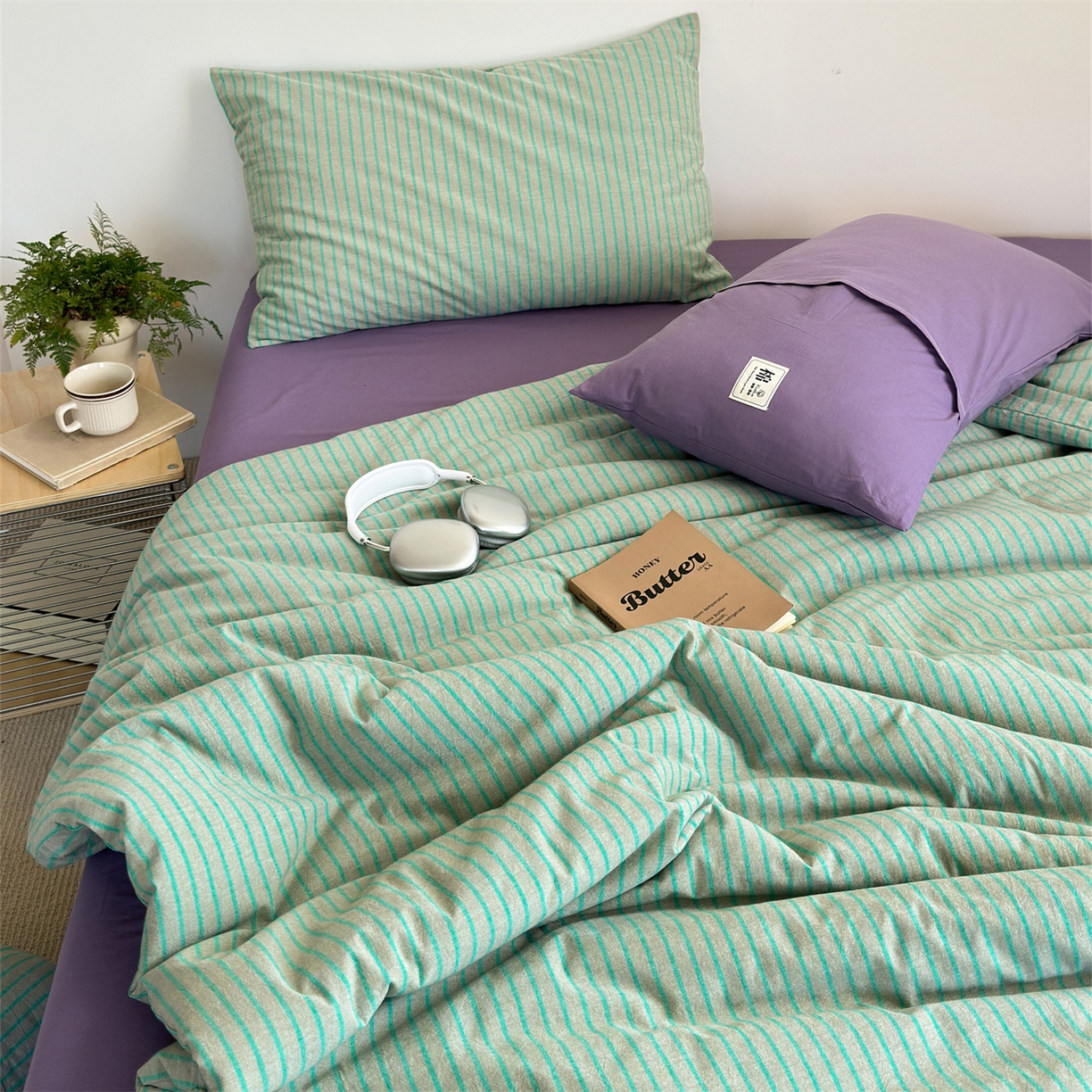 91家纺网 家纺一手货源 找家纺 被窝家纺 2026新款莫兰迪条纹水洗棉懒人被被子被芯 莫兰迪条纹-绿