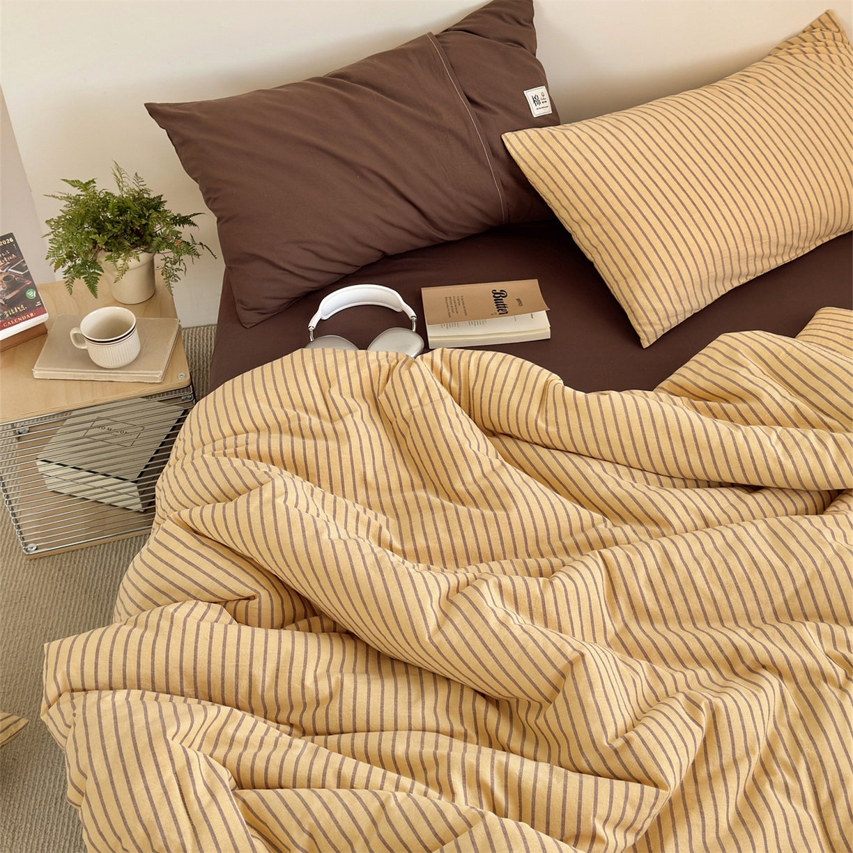 91家纺网 家纺一手货源 找家纺 被窝家纺 2026新款莫兰迪条纹水洗棉懒人被被子被芯 莫兰迪条纹-黄