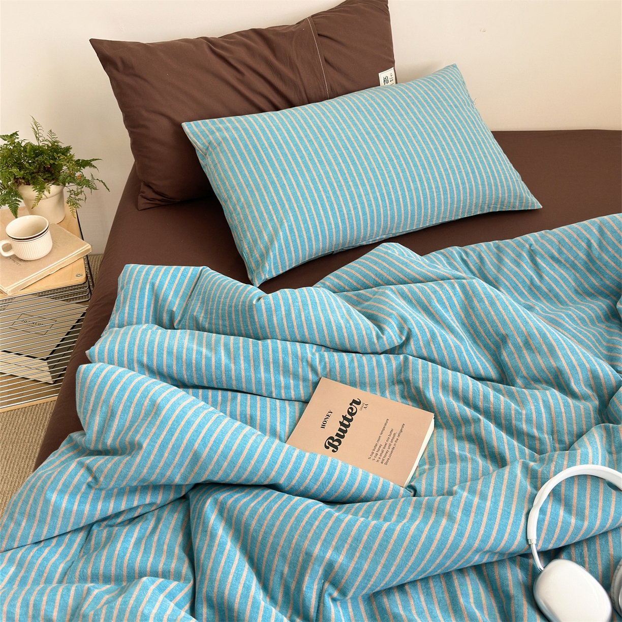 91家纺网 家纺一手货源 找家纺 被窝家纺 2026新款莫兰迪条纹水洗棉懒人被被子被芯 莫兰迪条纹-蓝