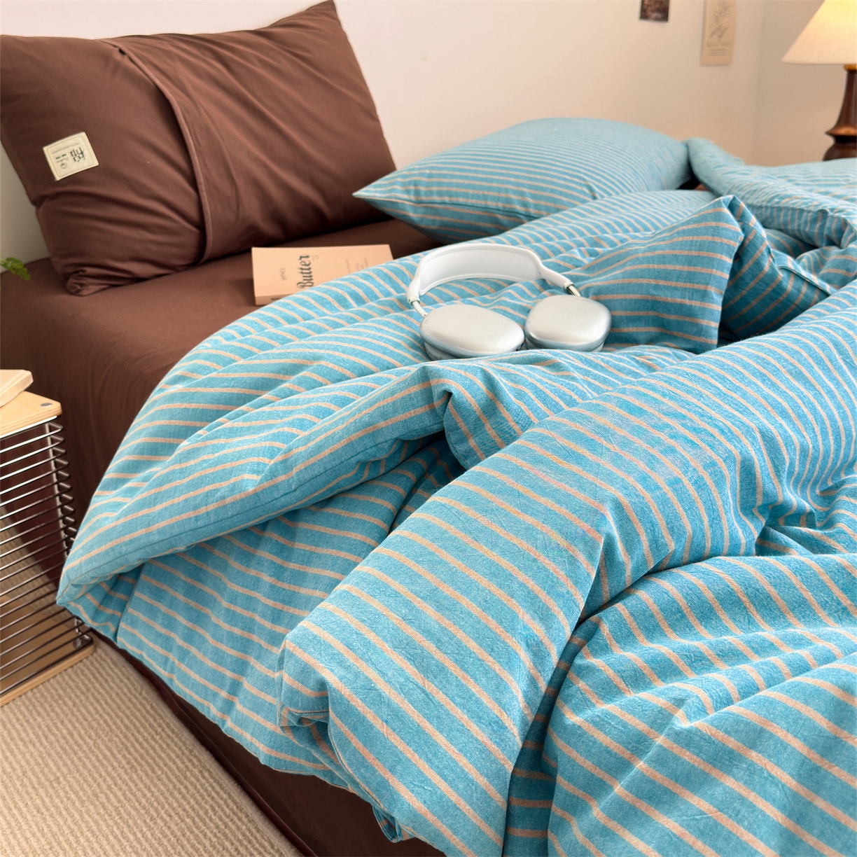91家纺网 家纺一手货源 找家纺 被窝家纺 2026新款莫兰迪条纹水洗棉懒人被被子被芯 莫兰迪条纹-蓝