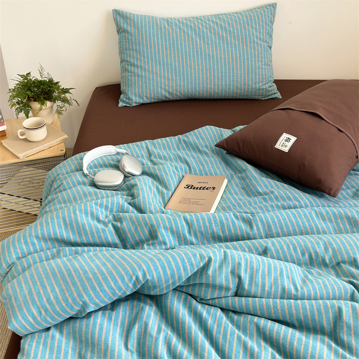91家纺网 家纺一手货源 找家纺 被窝家纺 2026新款莫兰迪条纹水洗棉懒人被被子被芯 莫兰迪条纹-蓝
