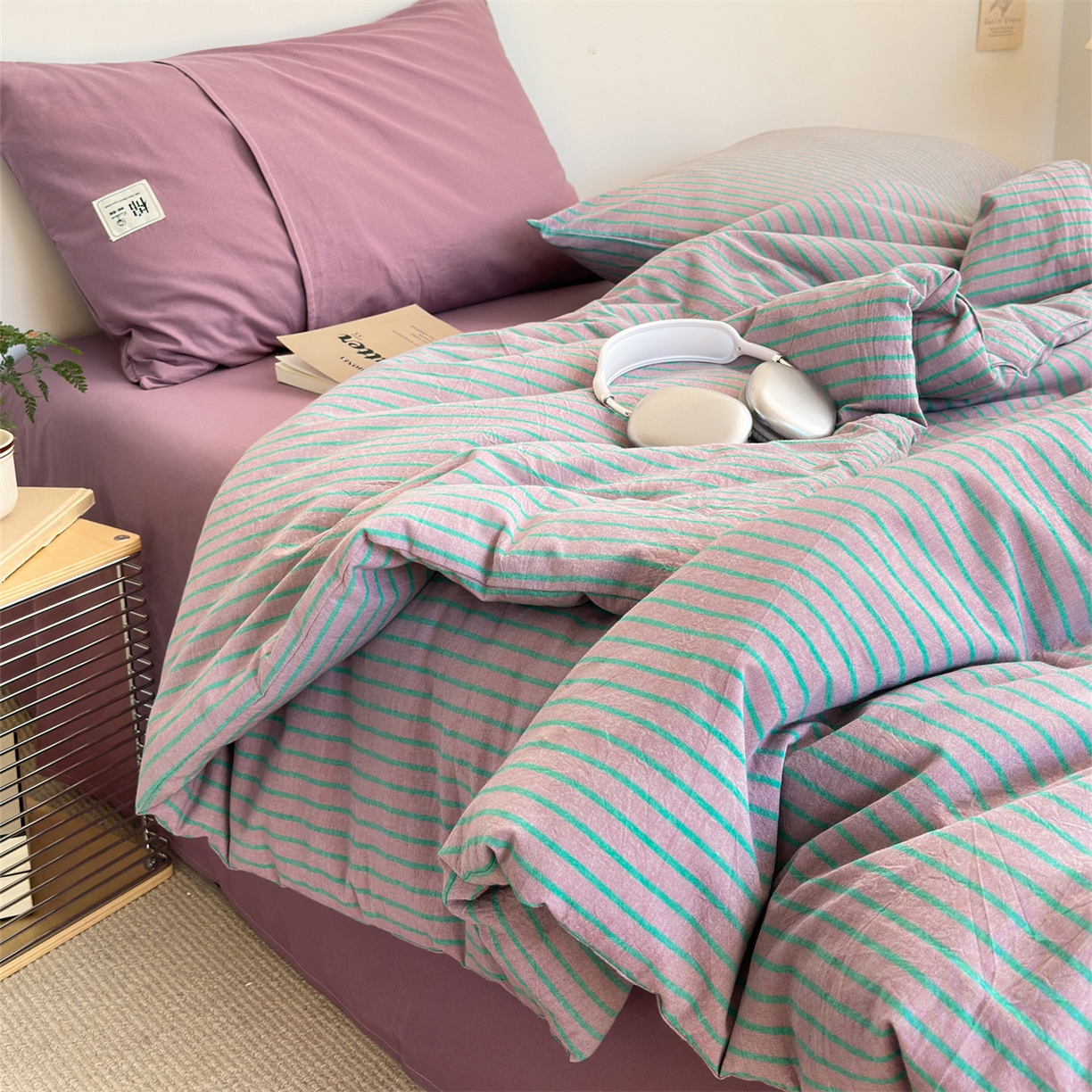 91家纺网 家纺一手货源 找家纺 被窝家纺 2026新款莫兰迪条纹水洗棉懒人被被子被芯 莫兰迪条纹-粉