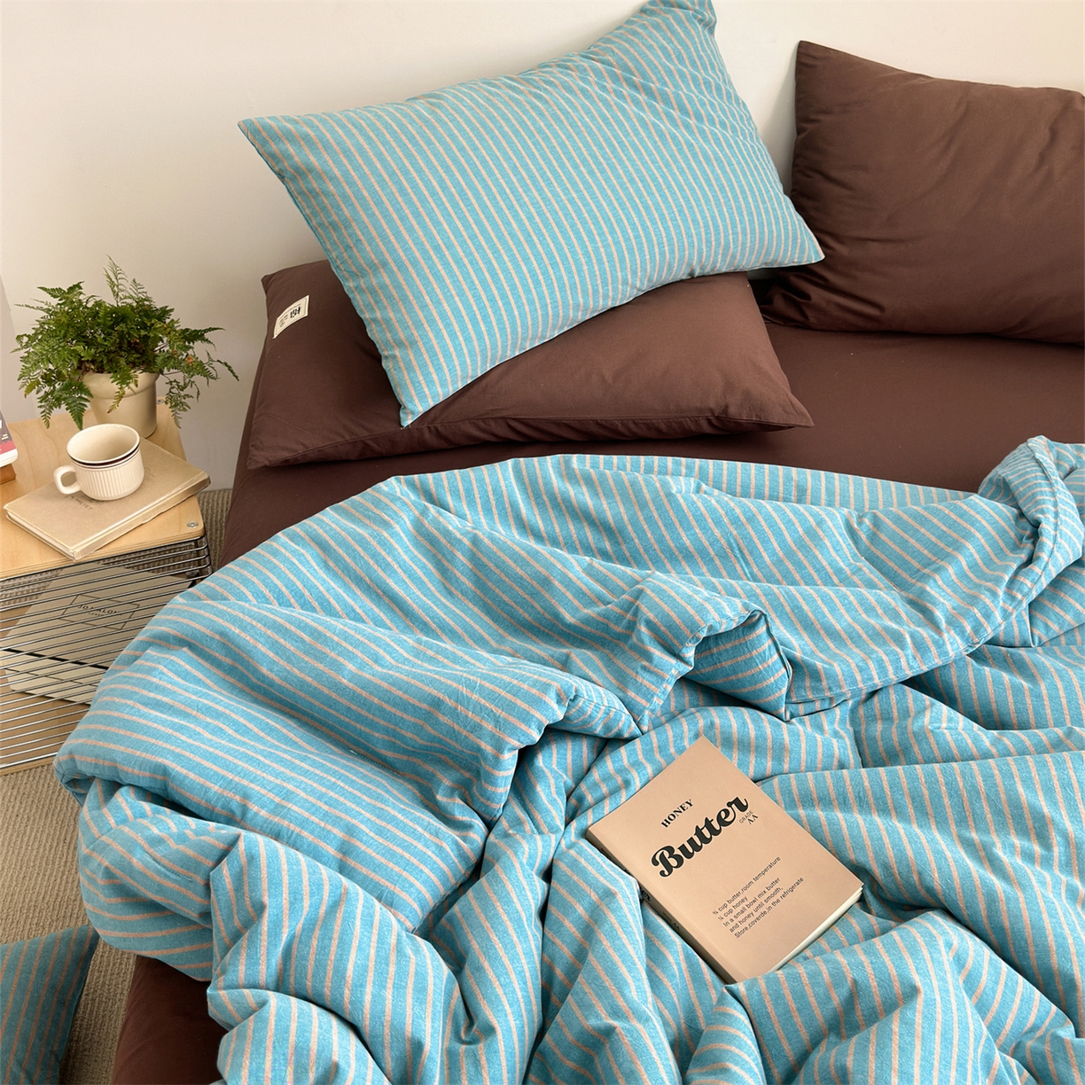 91家纺网 家纺一手货源 找家纺 被窝家纺 2026新款莫兰迪条纹水洗棉懒人被被子被芯 莫兰迪条纹-蓝