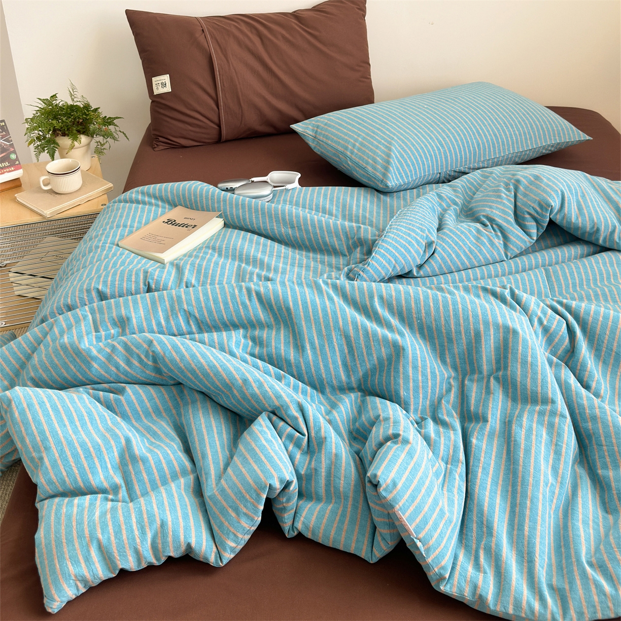 91家纺网 家纺一手货源 找家纺 被窝家纺 2026新款莫兰迪条纹水洗棉懒人被被子被芯 莫兰迪条纹-蓝