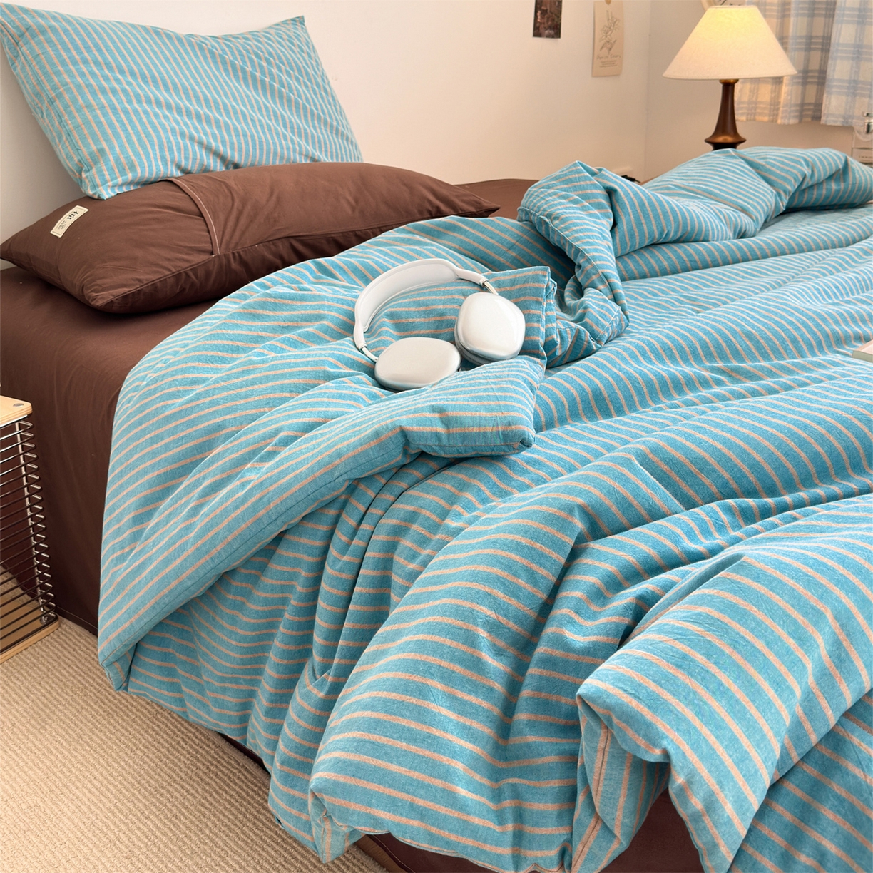 91家纺网 家纺一手货源 找家纺 被窝家纺 2026新款莫兰迪条纹水洗棉懒人被被子被芯 莫兰迪条纹-蓝