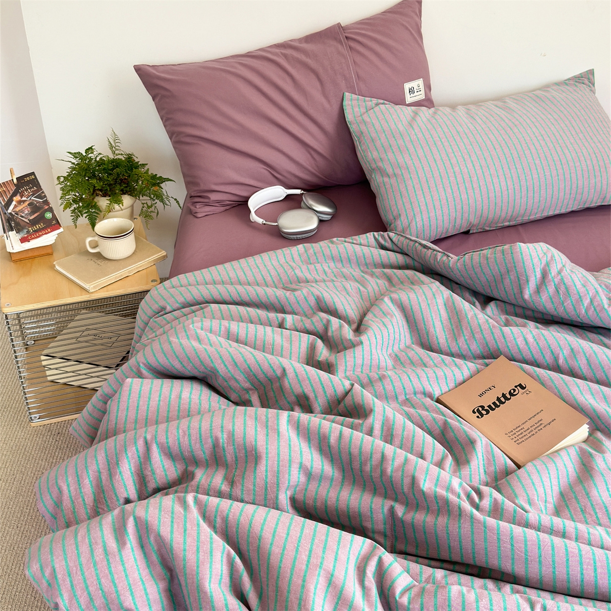 91家纺网 家纺一手货源 找家纺 被窝家纺 2026新款莫兰迪条纹水洗棉懒人被被子被芯 莫兰迪条纹-粉