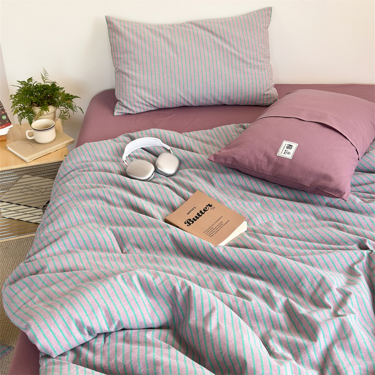 91家纺网 家纺一手货源 找家纺 被窝家纺 2026新款莫兰迪条纹水洗棉懒人被被子被芯 莫兰迪条纹-粉
