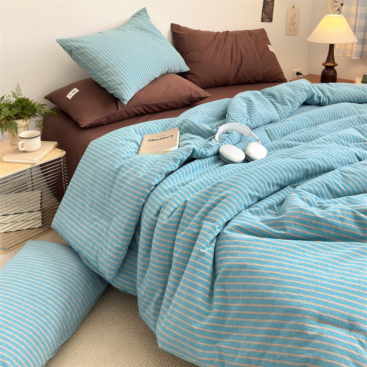 91家纺网 家纺一手货源 找家纺 被窝家纺 2026新款莫兰迪条纹水洗棉懒人被被子被芯 莫兰迪条纹-蓝