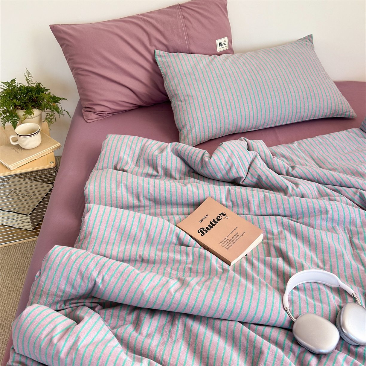 91家纺网 家纺一手货源 找家纺 被窝家纺 2026新款莫兰迪条纹水洗棉懒人被被子被芯 莫兰迪条纹-粉