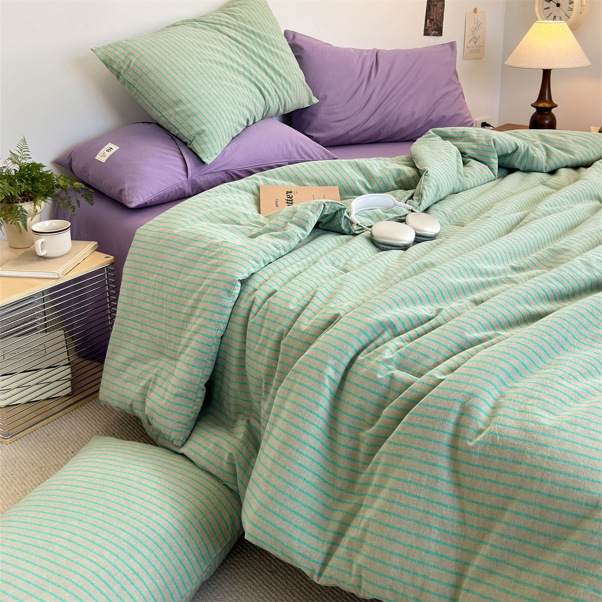 91家纺网 家纺一手货源 找家纺 被窝家纺 2026新款莫兰迪条纹水洗棉懒人被被子被芯 莫兰迪条纹-绿