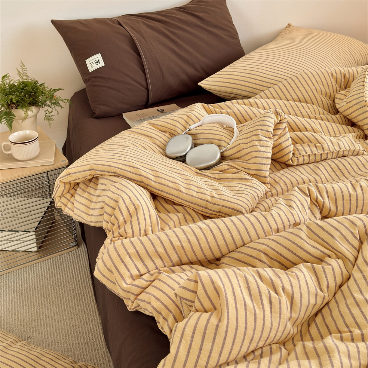91家纺网 家纺一手货源 找家纺 被窝家纺 2026新款莫兰迪条纹水洗棉懒人被被子被芯 莫兰迪条纹-黄