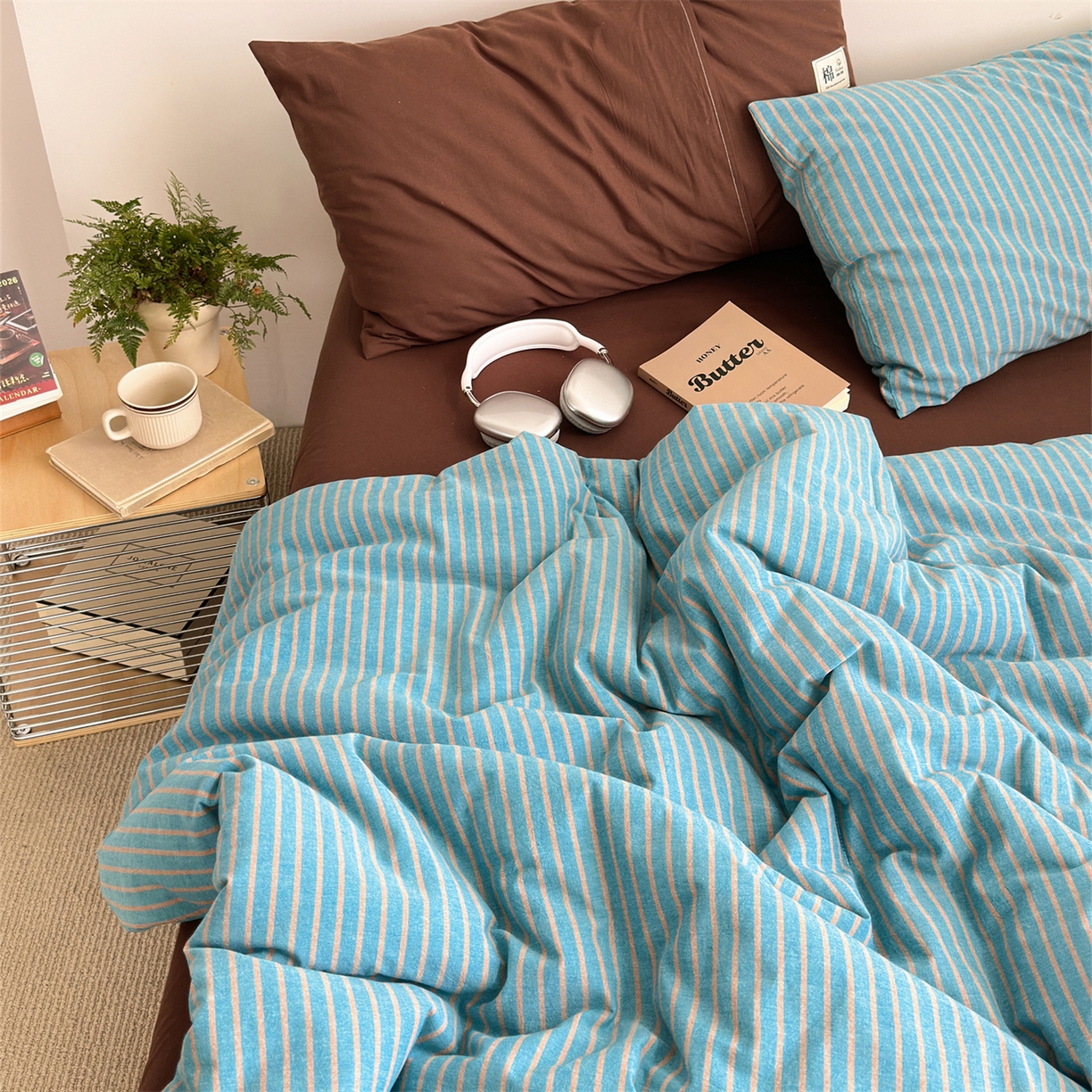 91家纺网 家纺一手货源 找家纺 被窝家纺 2026新款莫兰迪条纹水洗棉懒人被被子被芯 莫兰迪条纹-蓝