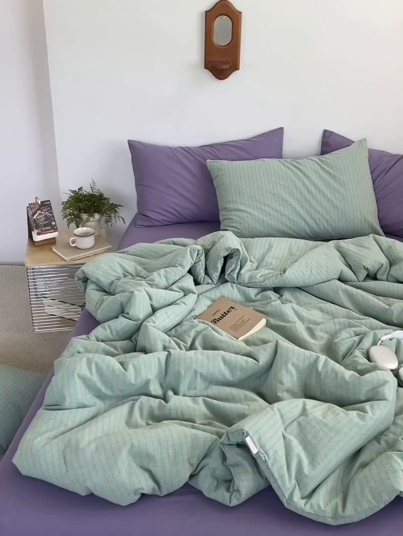 91家纺网 家纺一手货源 找家纺 被窝家纺 2026新款莫兰迪条纹水洗棉懒人被被子被芯 莫兰迪条纹-绿