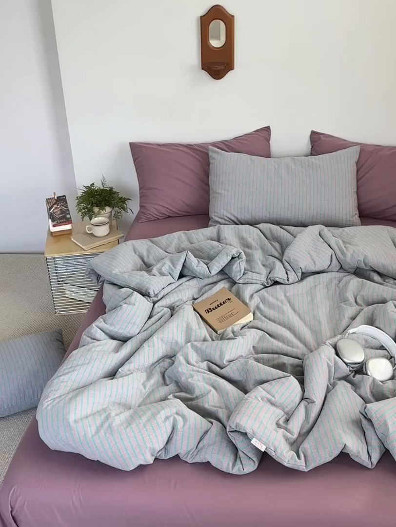 91家纺网 家纺一手货源 找家纺 被窝家纺 2026新款莫兰迪条纹水洗棉懒人被被子被芯 莫兰迪条纹-粉