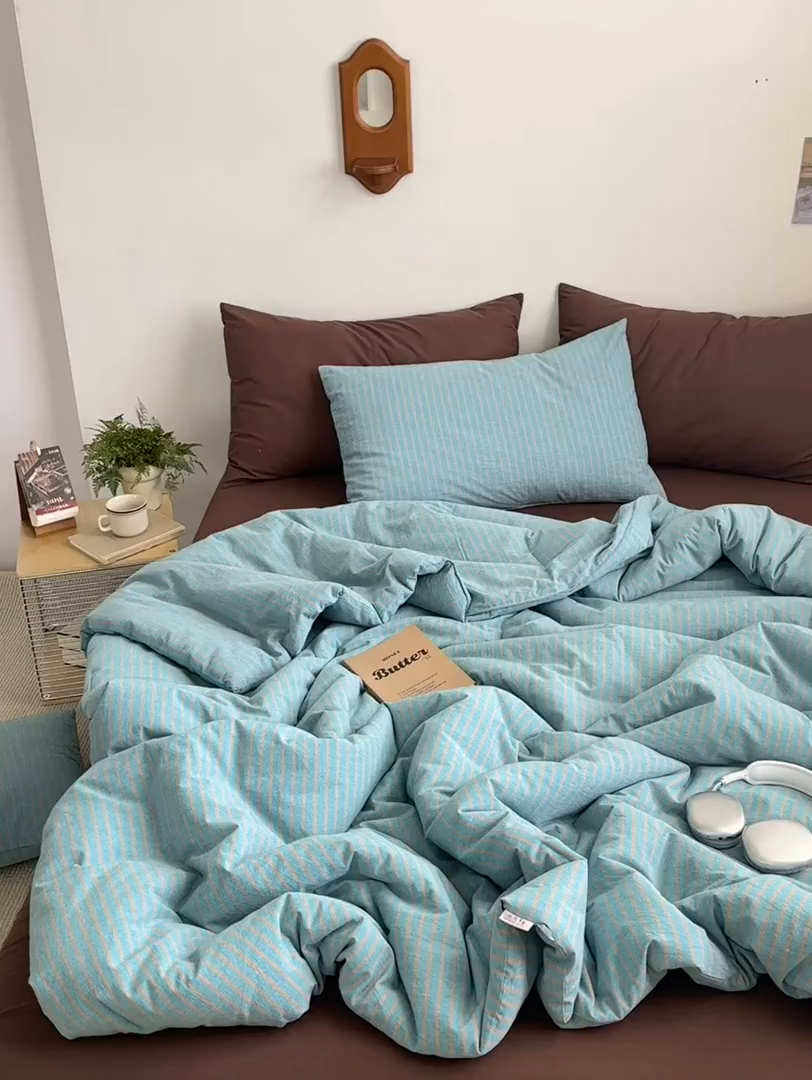 91家纺网 家纺一手货源 找家纺 被窝家纺 2026新款莫兰迪条纹水洗棉懒人被被子被芯 莫兰迪条纹-蓝
