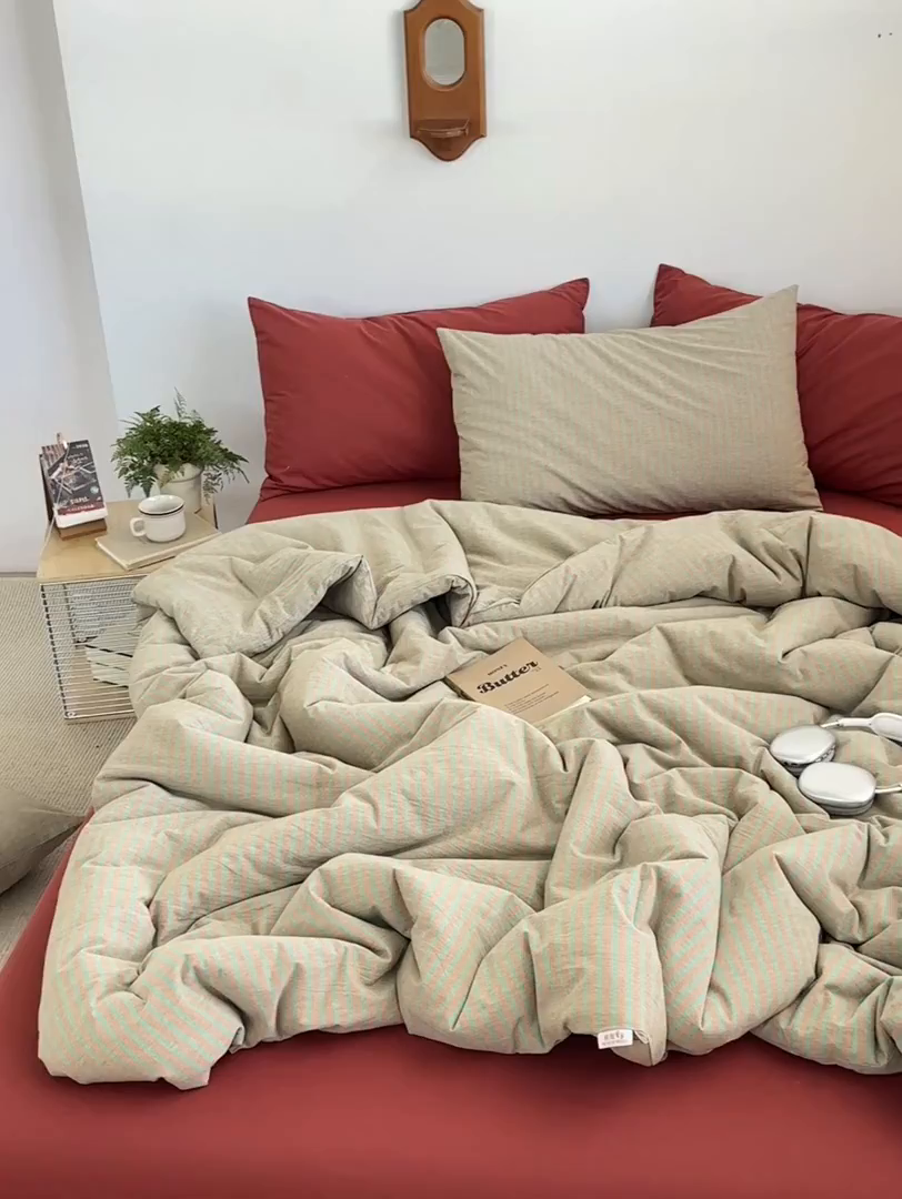 91家纺网 家纺一手货源 找家纺 被窝家纺 2026新款莫兰迪条纹水洗棉懒人被被子被芯 莫兰迪条纹-桔
