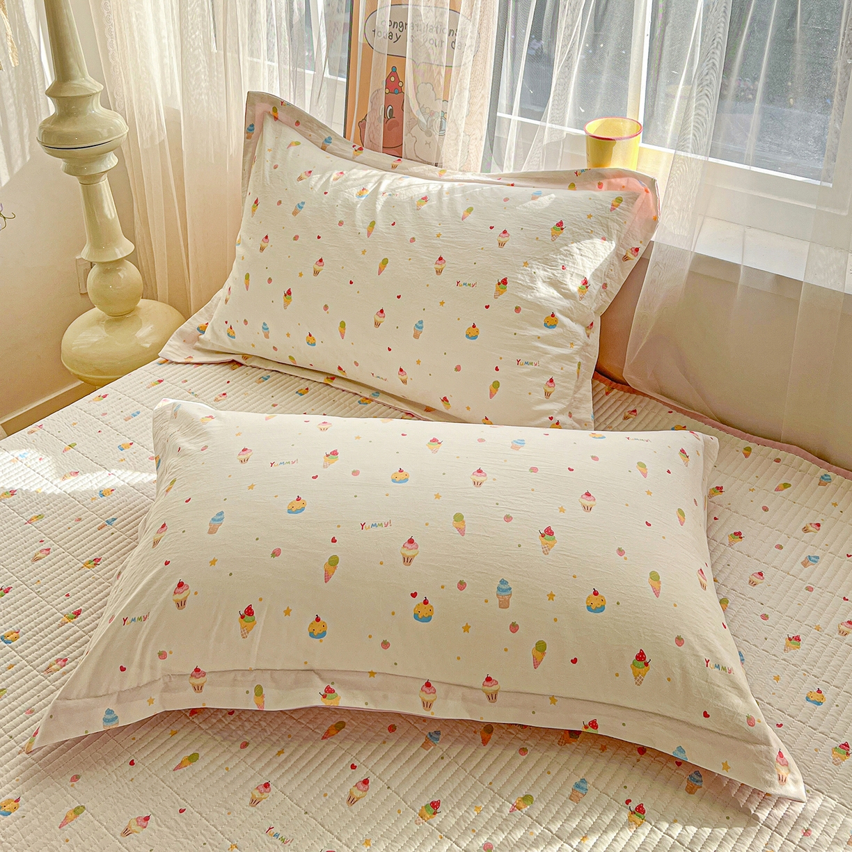 91家纺网 家纺一手货源 找家纺 一比一家纺 2026新款亲肤舒适仿棉印花床盖四件套 蛋糕派